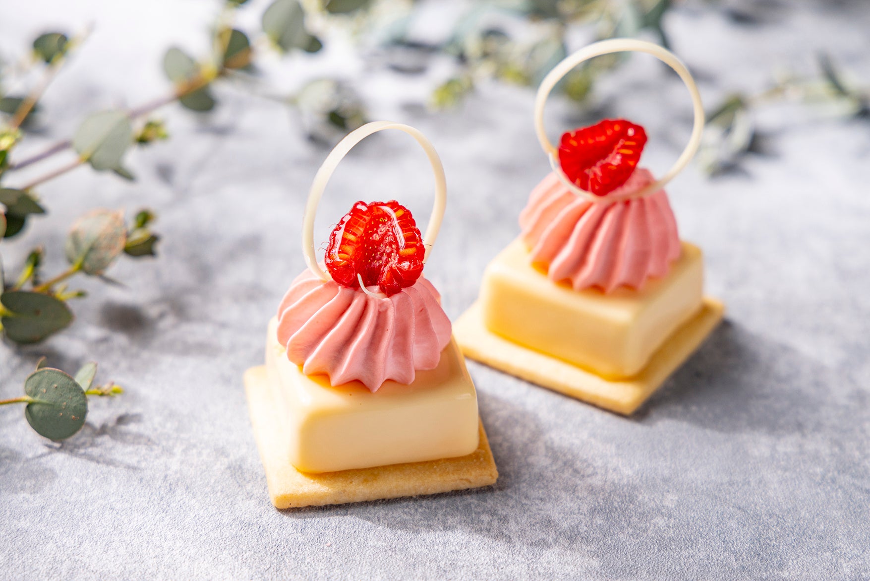 パッションフルーツとオレンジのムース　桃とラズベリーのクリーム