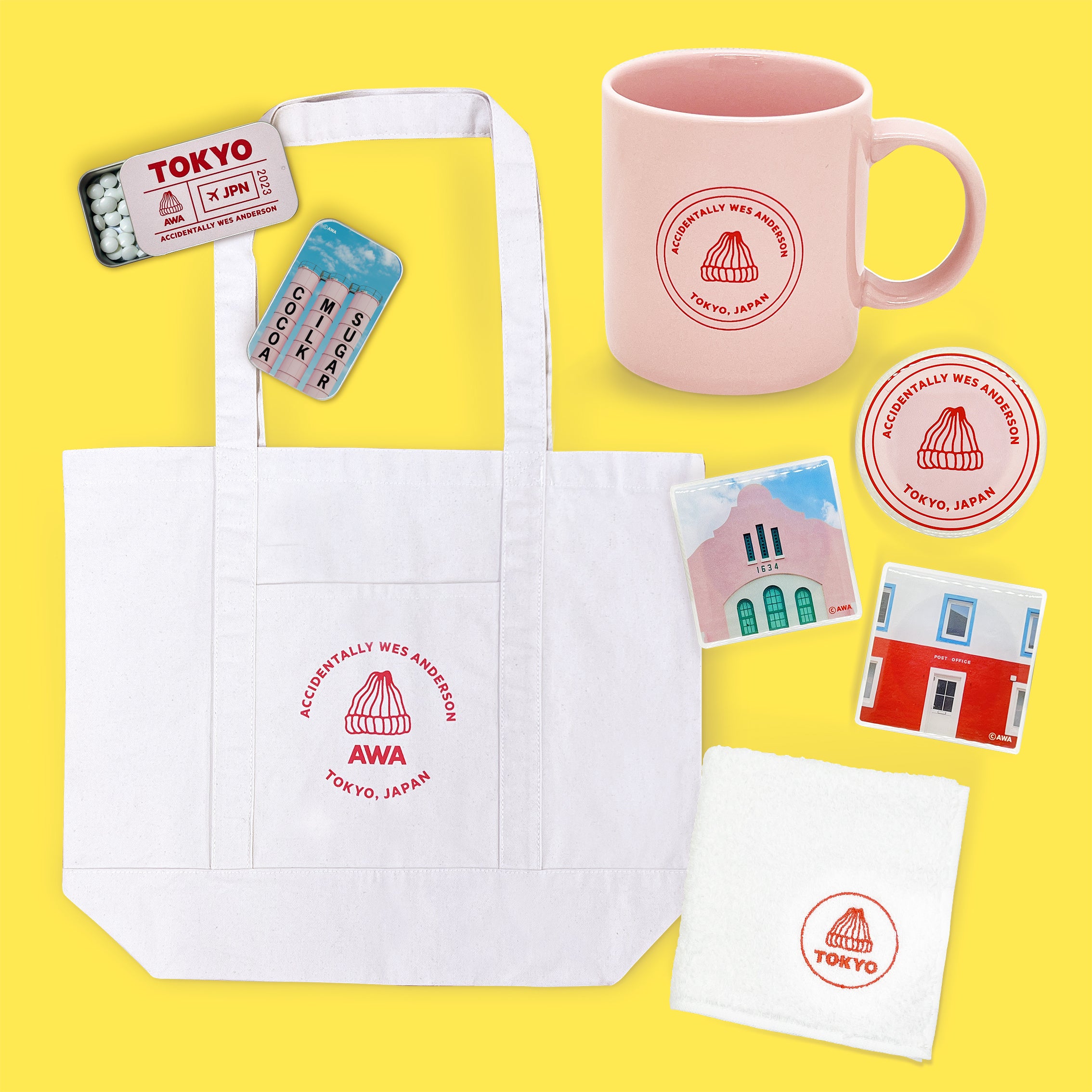 ミントタブレットスライド缶、マグカップ、スマホグリップ、 刺繍タオル、キャンバスバッグ（上から時計回り）