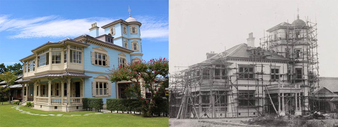 現在の六華苑（左）と建設当時の六華苑（右）