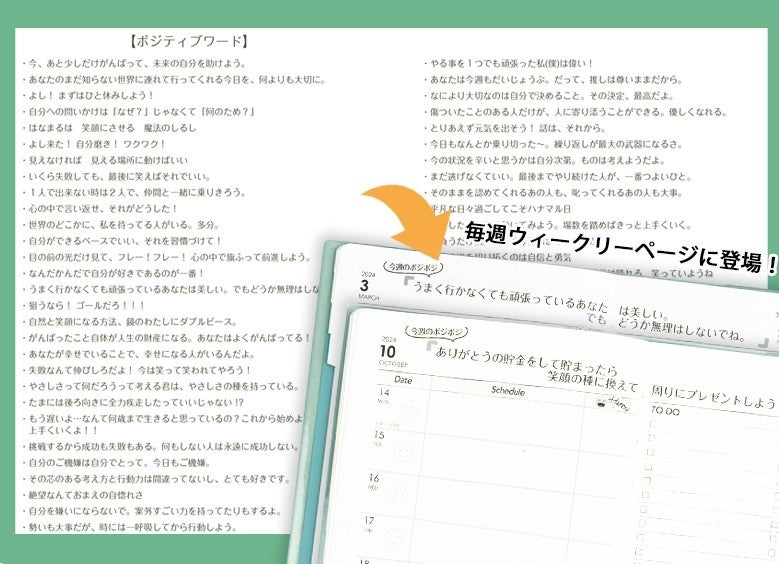 一般公募から選ばれた58個のポジティブワードが週替わりに登場。