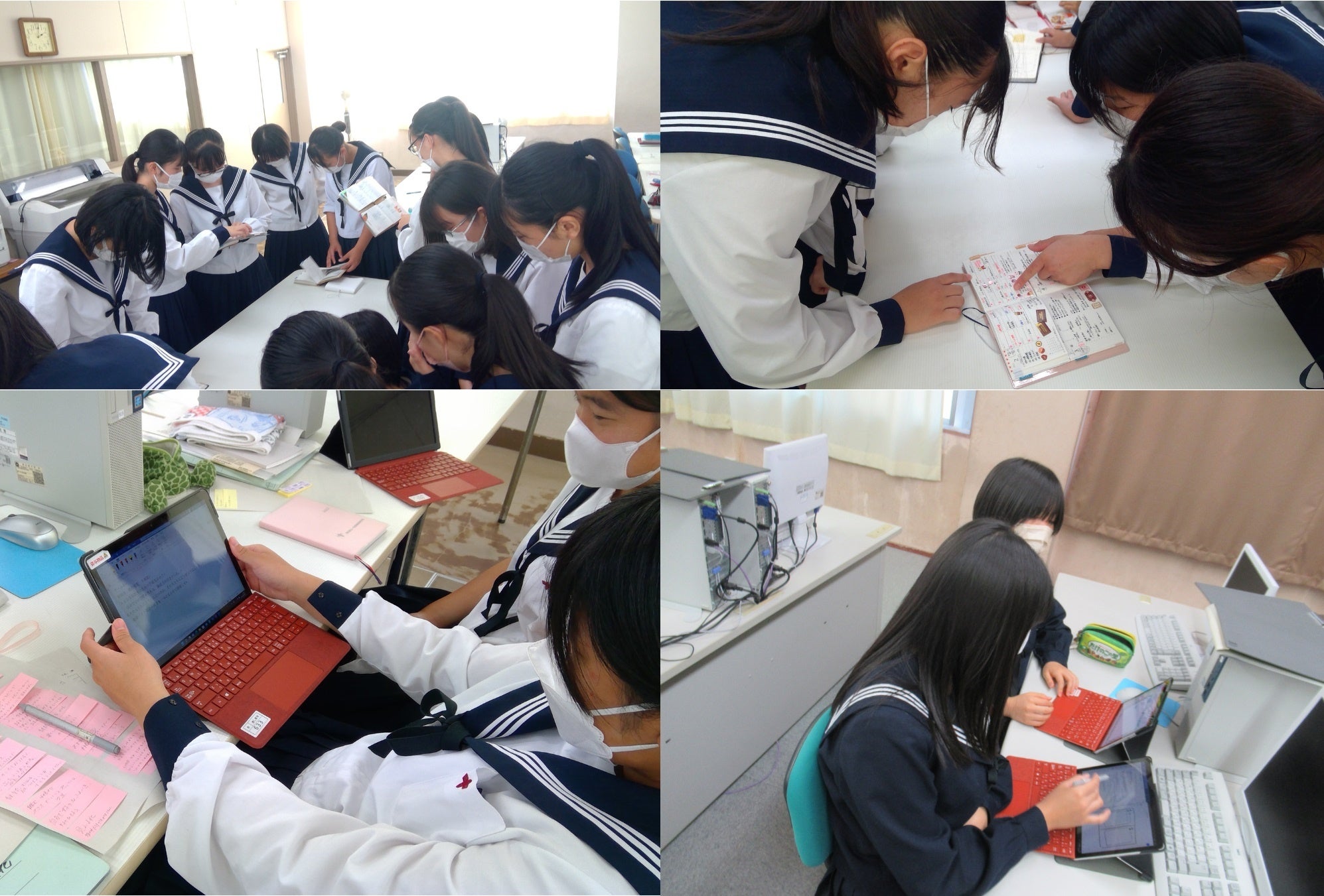 ※科目「課題研究」の授業風景。実際の手帳を見ながらパソコンの画像ソフトを使い手帳案の仕様を考えています。