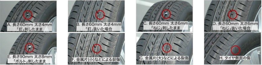 さまざまな条件でパンクした状態の8種類タイヤで比較