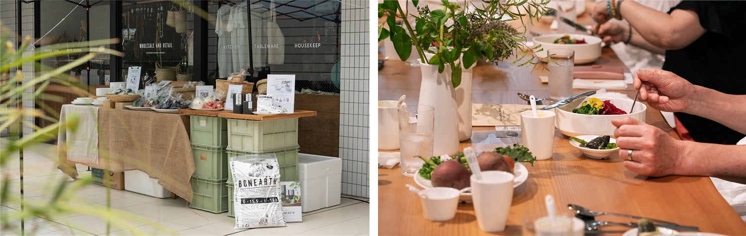 渋谷区富ヶ谷にあるNIKKOのジェネラルストア「LOST AND FOUND TOKYO STORE（ロストアンドファウンド トウキョウストア）」にて、（左）BONEART野菜の店頭販売（右）フードイベント