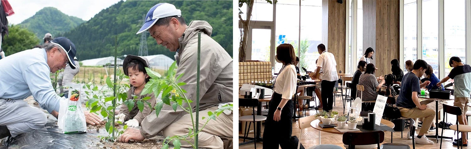 （左）石川県にあるNIKKO BONEARTH FARMでの苗植え体験イベント（右）イオンモール白山で行われた寄せ植え体験イベント
