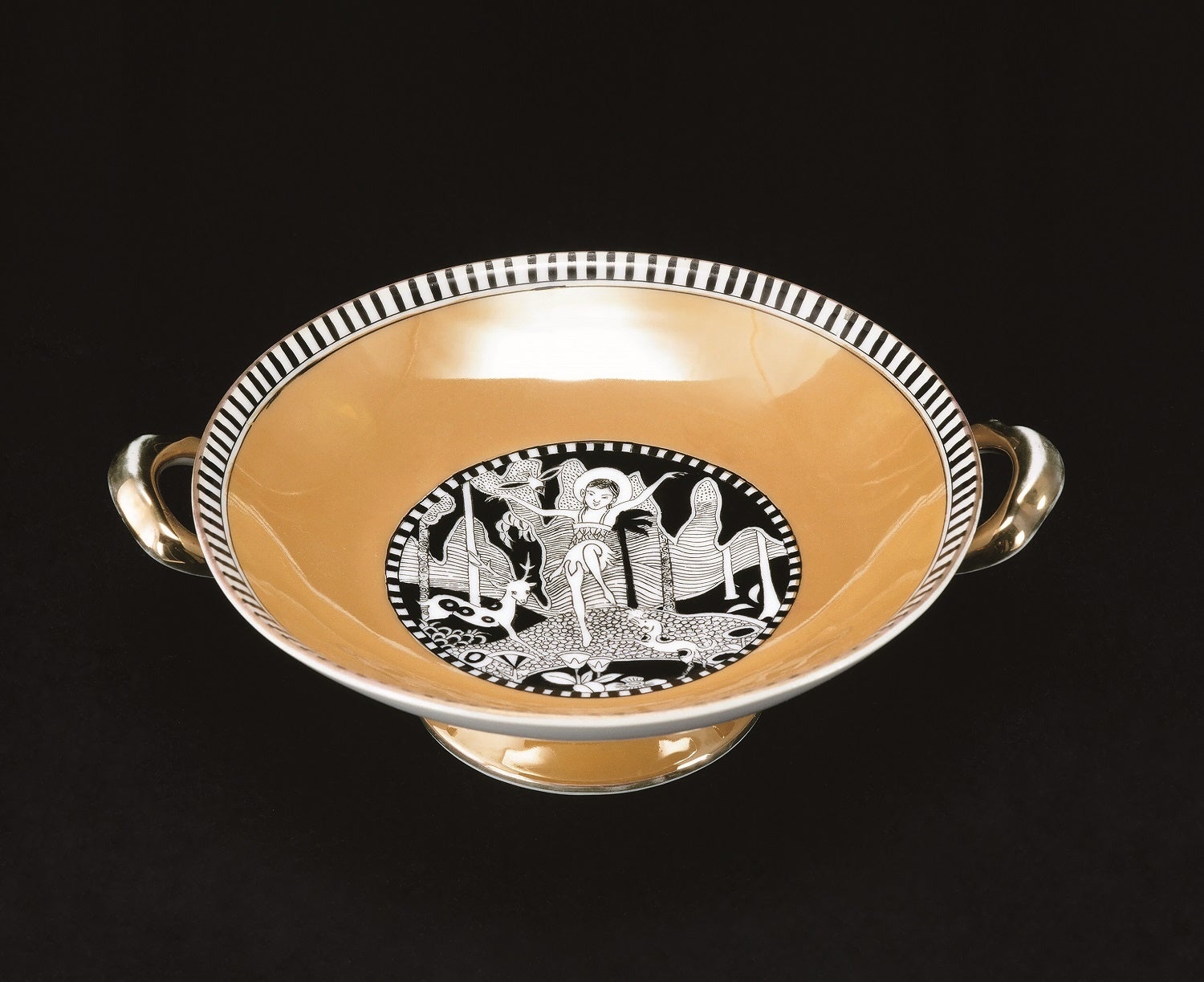 色絵ラスター金彩少女文手付コンポート皿　1920-31年頃