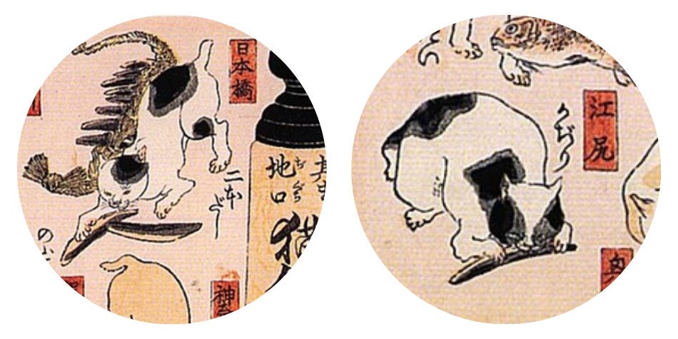 左：日本橋（にほんばし） カツオ節を2本ひっぱり出して「2本だし」 右：江尻（えじり） カツオ節を抱えて丸「かじり」