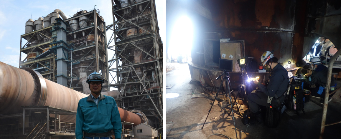 写真左：セメント製造設備と、トクヤマ　セメント製造部　設備保全課　松田氏 写真右：点検の様子（奥の内筒をドローンが飛行中。ドローンから送られる映像を見ながら操縦する）