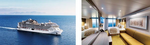 左:MSCベリッシマ  右:海側バルコニー付船室(イメージ)