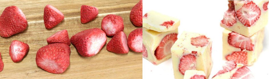 不揃いで出荷できないいちごをフリーズドライ化し、未利用で上質素材のホワイトチョコレートと合わせた。あえて形を活かし、メッセージ性のあるスイーツとして商品化。