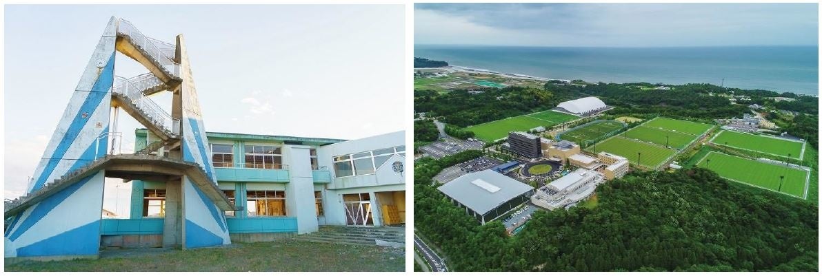 左：震災遺構 浪江町立請戸小学校（外観）　右：復興の象徴 Ｊヴィレッジ