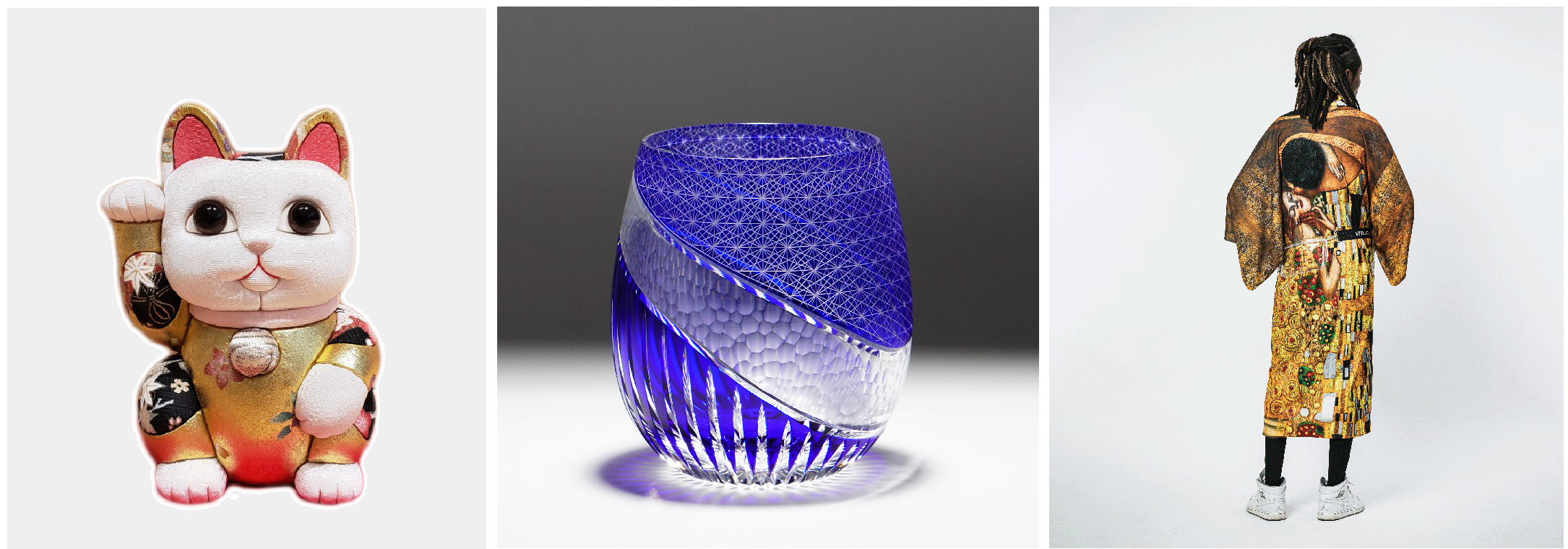 商品の一例　左：招き猫（柿沼人形）　中央：切子（凛然）　右：着物（VEDUTA）