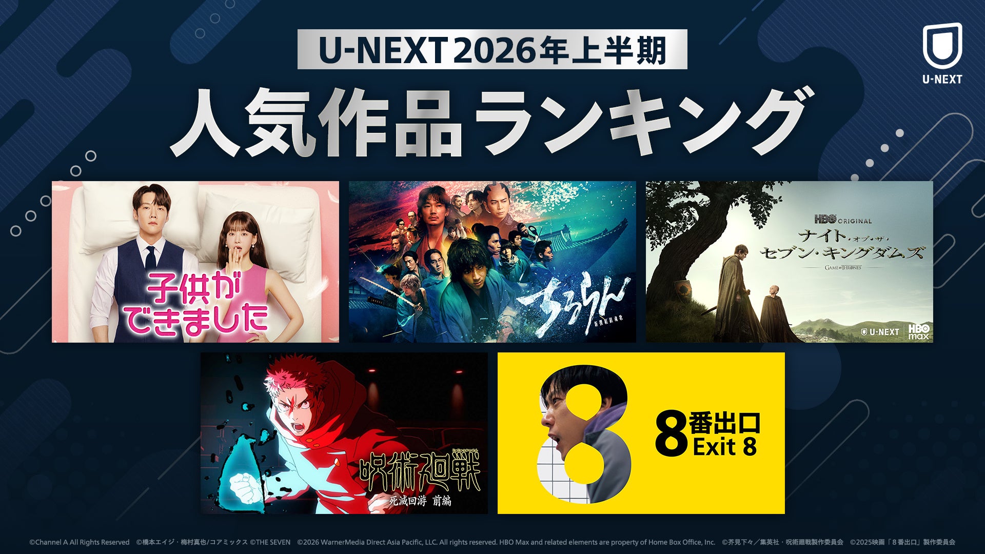 U-NEXT 2026年上半期ランキングを発表！韓国ドラマ部門では、『子供ができました』が1位！大きな話題となった『ちるらん 新撰組鎮魂歌』『８番出口』などが各ジャンル1位に