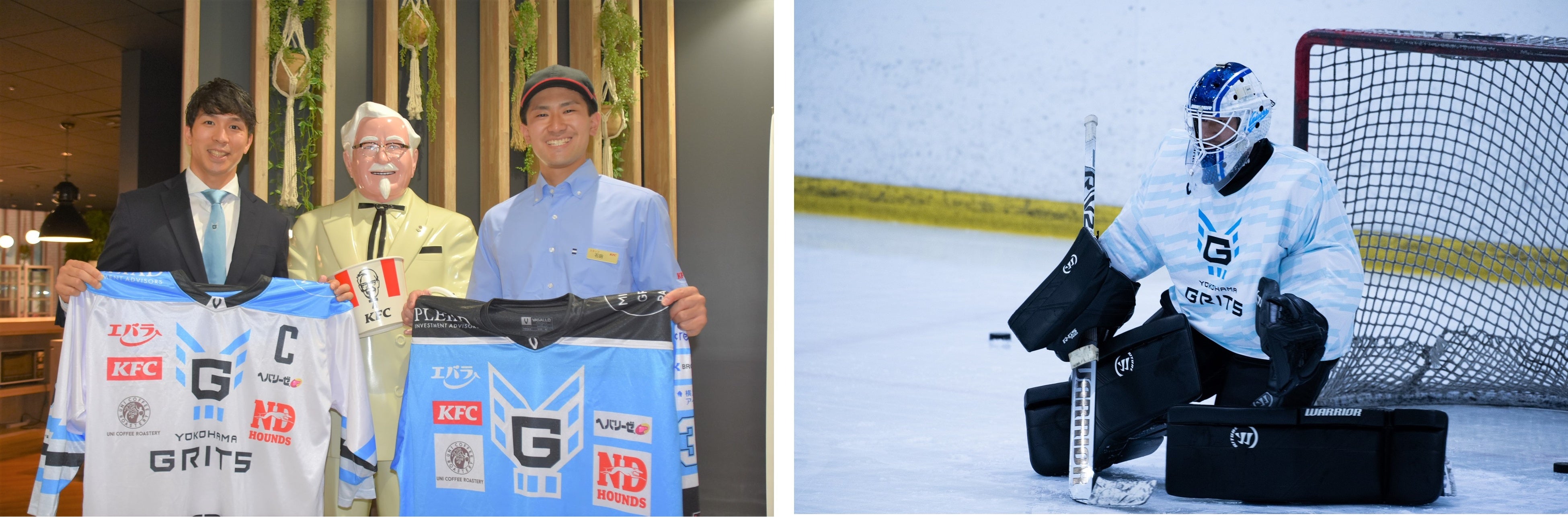 （左）岩本和真選手(左)と石田龍之進選手(右)　（右）リンク上でプレーする石田龍之進選手