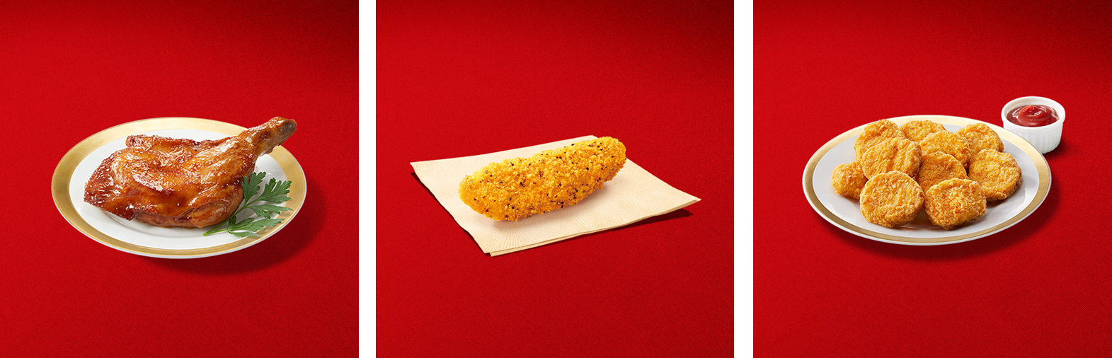 左から「バーベキューチキン」「チキンテンダー」「ナゲット10ピース」イメージ