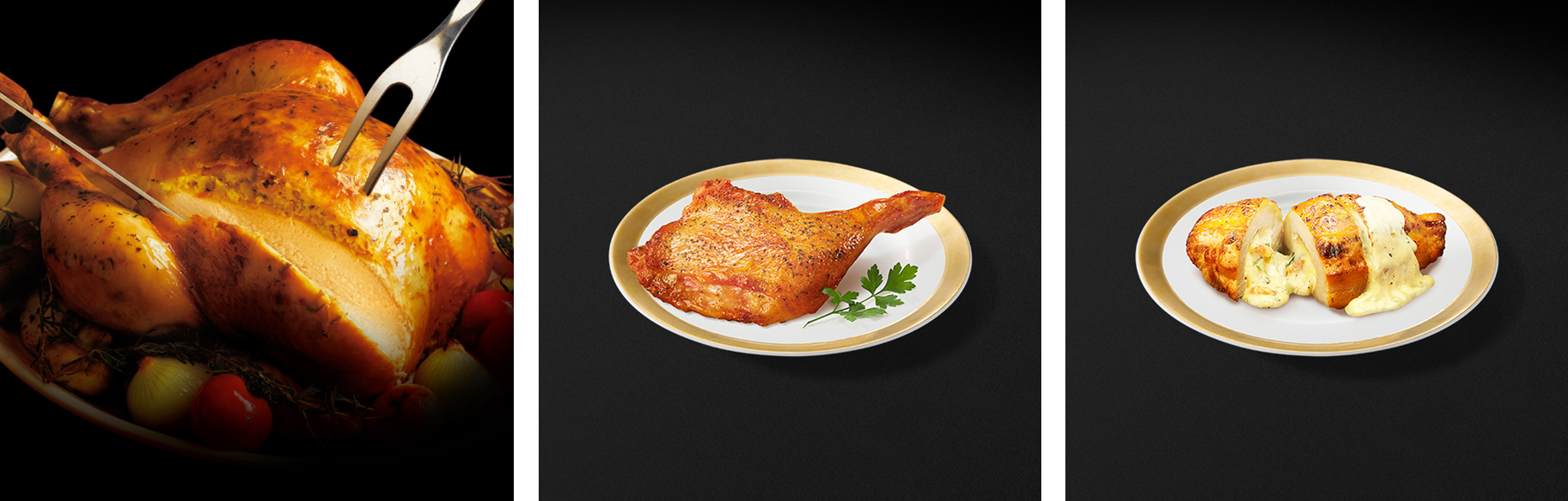 左から「五穀味鶏 プレミアムローストチキン」「五穀味鶏 ローストレッグ」「五穀味鶏 胸肉のロースト」イメージ