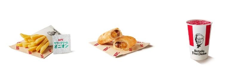 左から「フリフリポテト(サワークリームオニオン)」「アーモンドアップルパイ」「クランベリーレモネードソーダ」イメージ