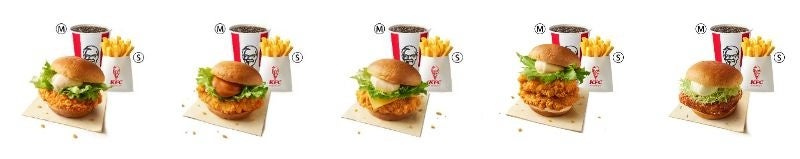 左から「ケンタランチ チキンフィレバーガーセット」「ケンタランチ 辛口チキンフィレバーガーセット」 「ケンタランチ チーズチキンフィレバーガーセット」「ケンタランチ ダブルチキンフィレバーガーセット」「ケンタランチ 和風チキンカツバーガーセット」イメージ