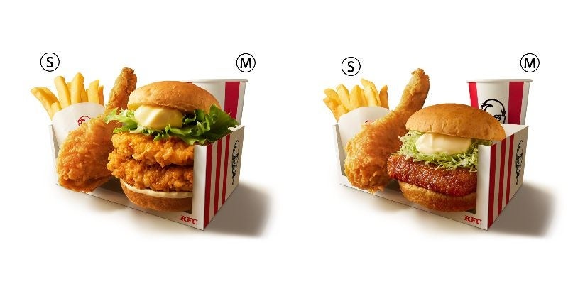 左から「ケンタランチ ダブルチキンフィレバーガーよくばりセット」「ケンタランチ 和風チキンカツバーガーよくばりセット」イメージ