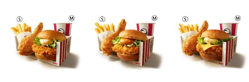 左から「ケンタランチ チキンフィレバーガーよくばりセット」「ケンタランチ 辛口チキンフィレバーガーよくばりセット」 「ケンタランチ チーズチキンフィレバーガーよくばりセット」イメージ
