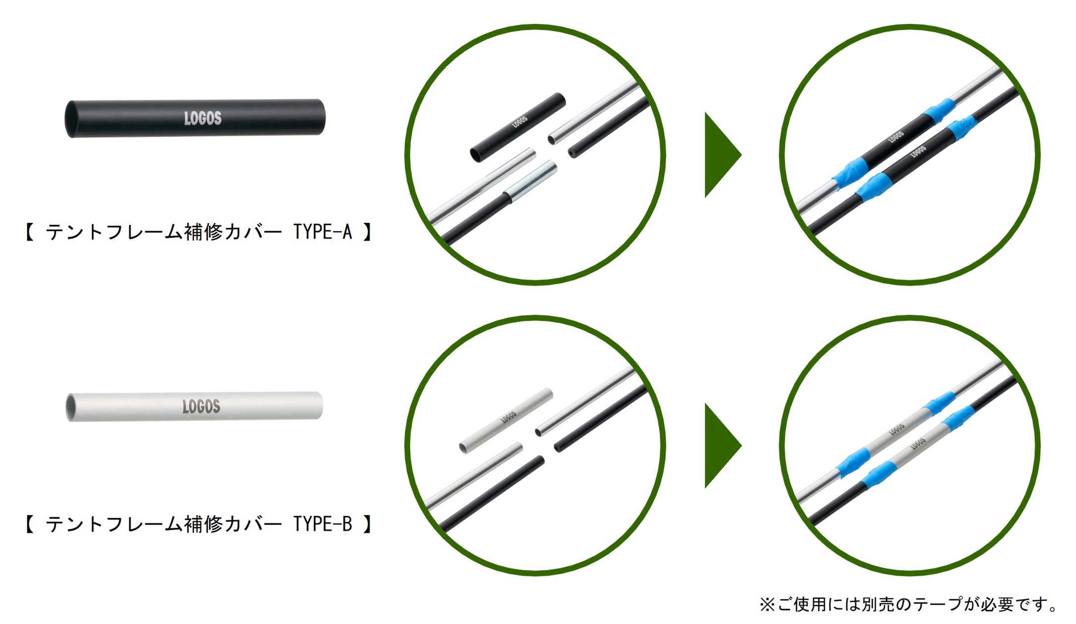 折れたフレームに被せてテープで固定するだけでOK!「テント ...