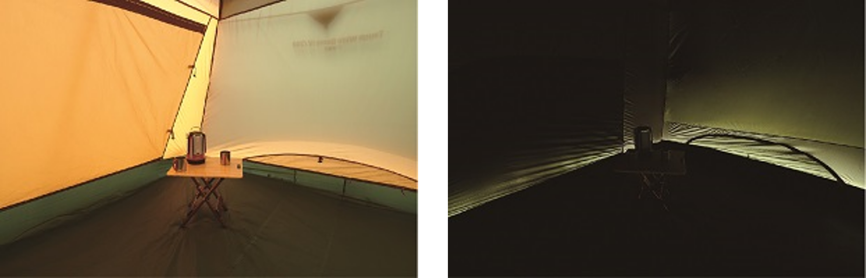 ダークルーム™テクノロジー （左：通常テント、右：ダークルーム™テクノロジー素材テント）