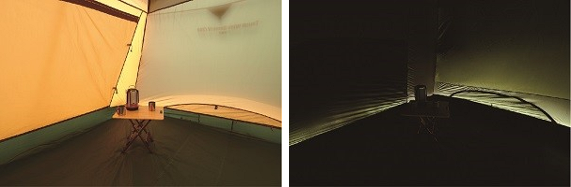 ダークルーム™テクノロジー（左：通常テント、右：ダークルーム™テクノロジー素材テント）