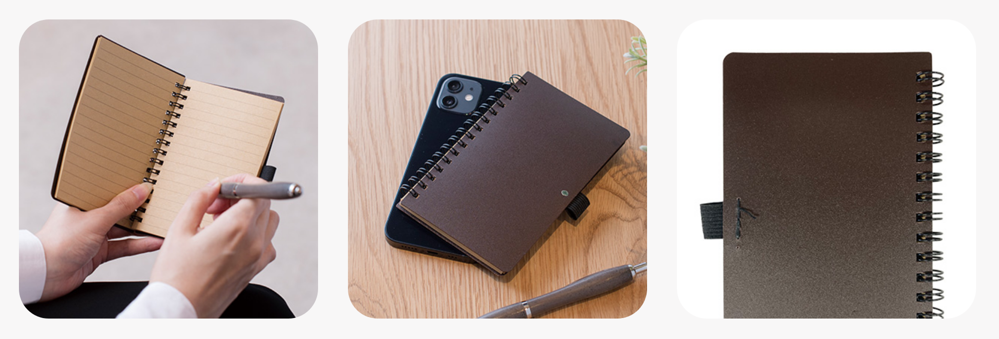 ペンが挟めるゴムバンド付き　スマートフォンと同サイズで、手軽にメモができる