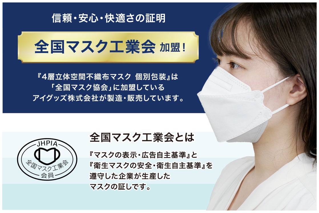 ※全国マスク工業会とは マスクの製造・販売・輸入を行う企業で構成され、厳密な審査により取り扱うマスクの安全性を認められた企業だけが入会できる団体。同会に加盟し、商品と商品表示審査を通過したマスクのみが「全国マスク工業会」の認定マーク使用を認められる。
