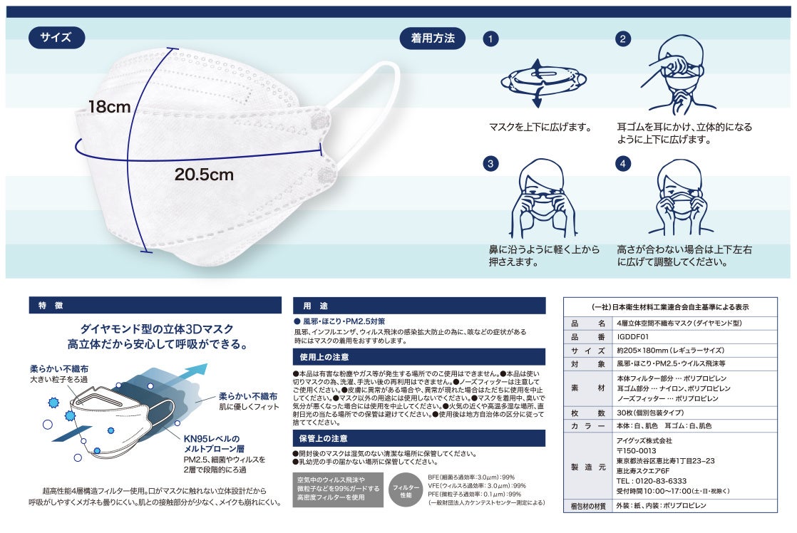 暑い季節におすすめなマスク 呼吸しやすいダイヤモンド型3d立体構造 4層立体空間 不織布マスク 新発売 アイグッズ株式会社のプレスリリース 暑い季節におすすめなマスク 呼吸しやすいダイヤモンド型3d立体構造 4層立体空間 不織布マスク 新発売 アイグッズ株式会社のプレスリリース