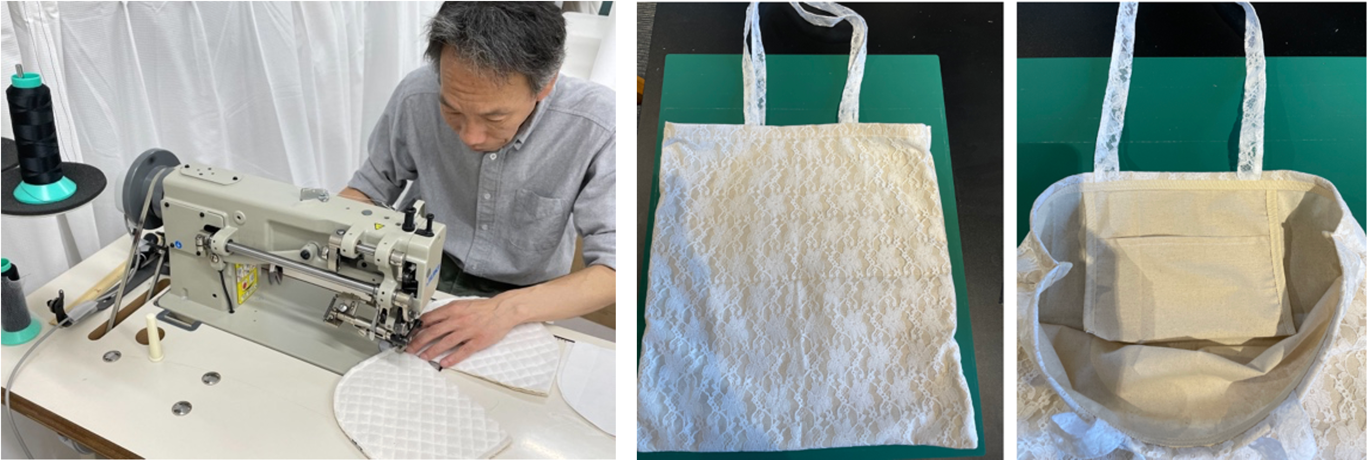 （左）縫製サンプル品を制作している様子（右）トートバッグでは内ポケットの仕様をサンプルにて制作