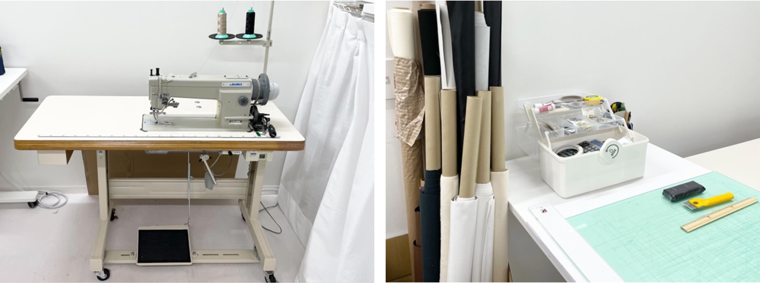 （左）分厚い布も綺麗に縫えるよう足踏みミシンを使用（右）精密な縫製をサポートする道具類