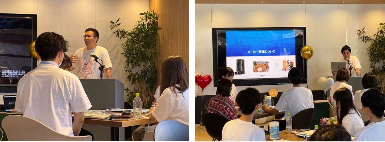 （左）代表からの全社戦略とチーム別目標の発表 （右）メーカー事業部責任者からの方針発表