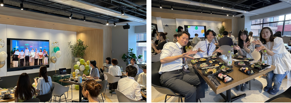 (左) 社員全員からのサプライズムービーをランチ時に上映&nbsp; &nbsp;(右) 内定者と先輩社員をミックスし交流する様子