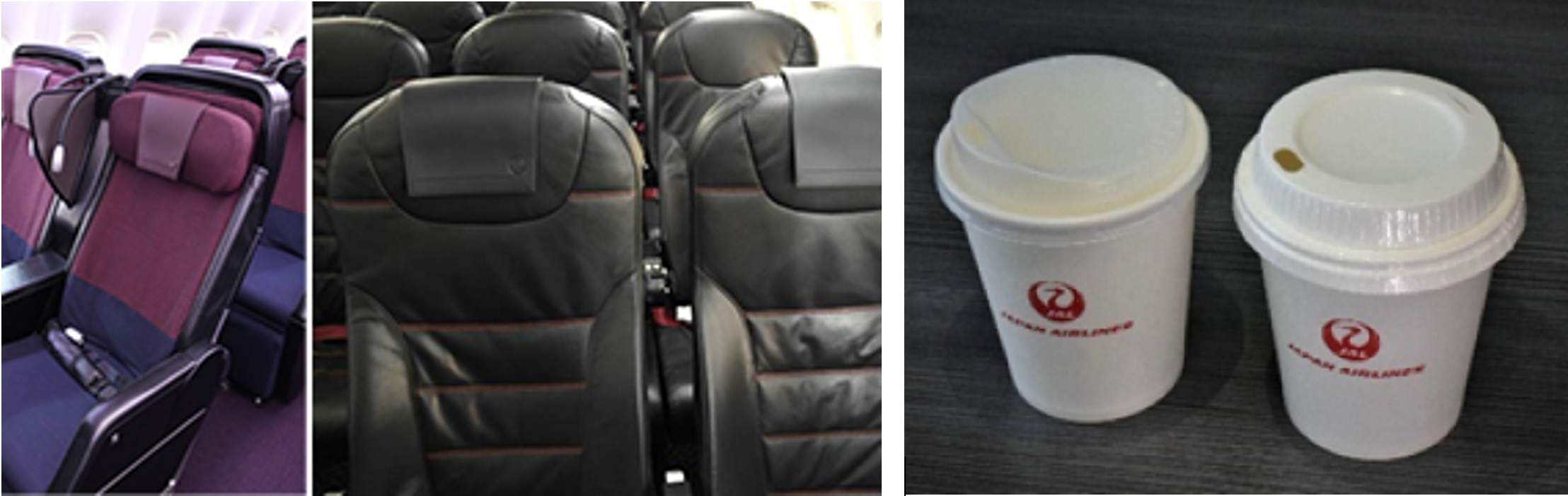 （左）再使用可能な合皮に変更したヘッドレストカバー（右）国際的認証を取得した石油由来原料不使用の紙カップと蓋