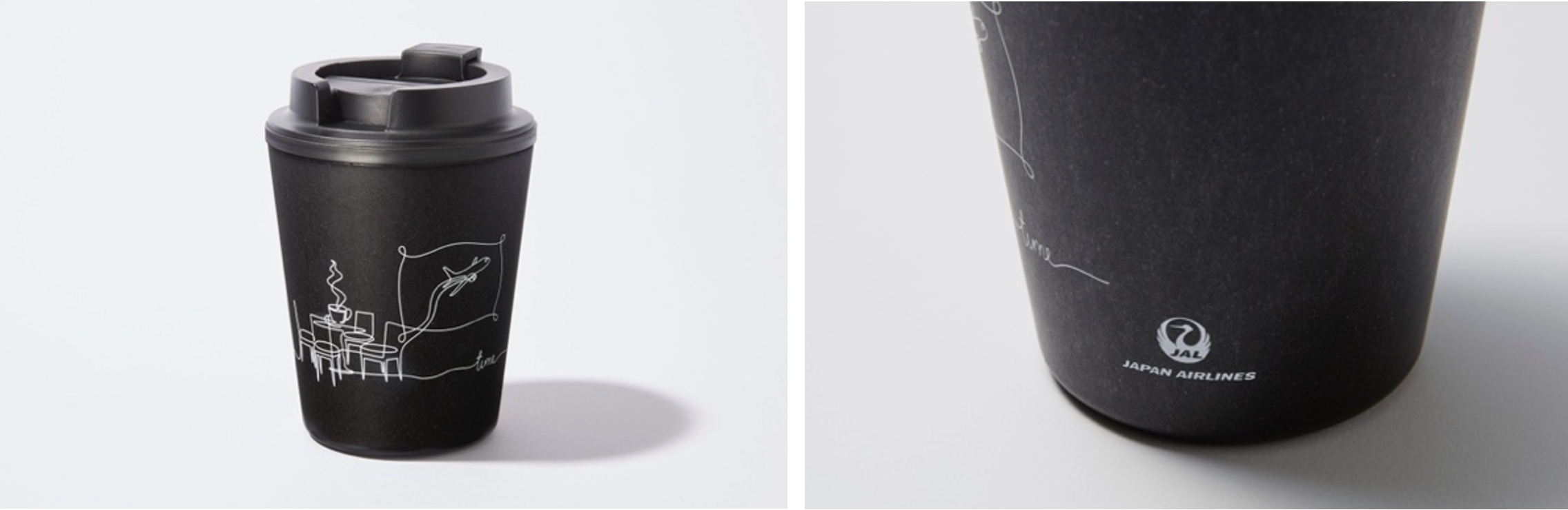 （左）飛行機を眺めながらコーヒータイムを楽しむ様子をイメージしたイラスト（右）JALのロゴ