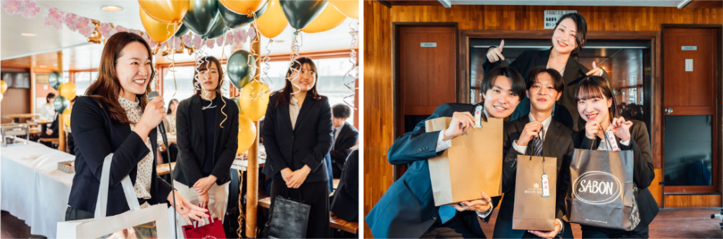 先輩社員からの応援メッセージとプレゼントに笑みが溢れる