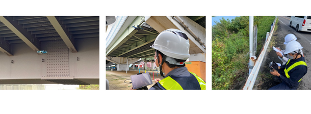 ドローンを用いて遠隔から橋梁点検を実施している様子