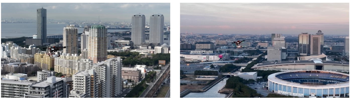 写真：都市部で実施された「レベル4を見据えたドローン物流の実証実験」にてAeroRangeQuadが飛行している様子