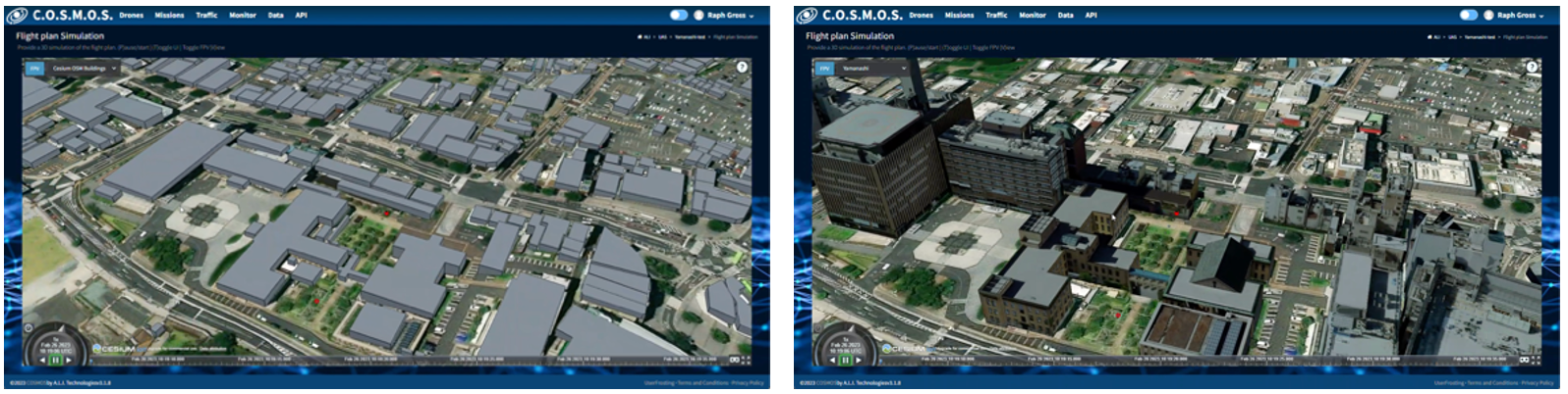 写真：向かって左が米国Cesium GS inc社製の３Dマップで、右がプラトープロジェクトによる３D都市モデル