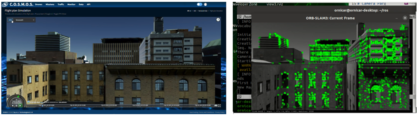 写真：向かって左がプラトープロジェクトのCityGMLデータを使ったバーチャル上を飛行しているドローンから得られた画像で、右が実際のドローンに取り付けられたカメラからの映像をもとに特徴点を検出している様子