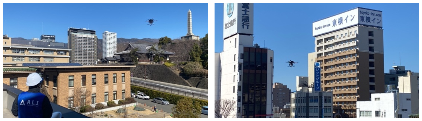 写真：山梨県庁舎屋上から周辺をドローンが飛行する様子