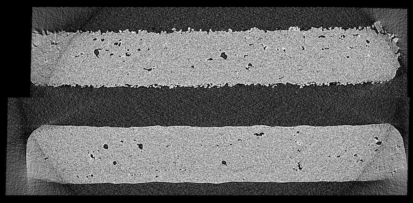【造形品断面サンプル】上）後加工前　下）PostProによる後加工後