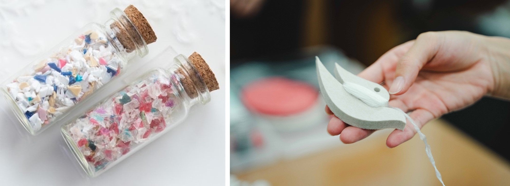 （左写真）「UMILEプログラム」で回収したポリエチレン樹脂（上）とポリエステル樹脂（下）&nbsp; （右写真）ポリエステル樹脂から作った糸。この糸を編んでUMILEチェアの背座カバーを製作