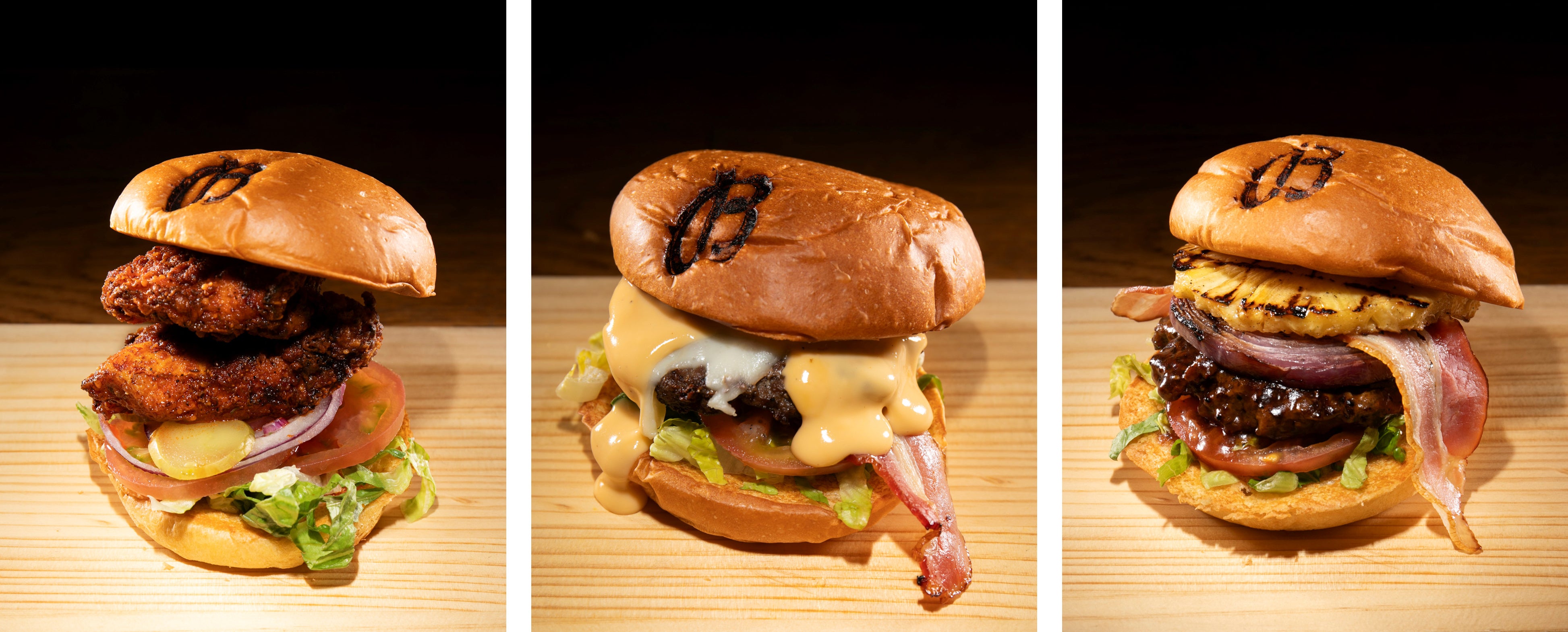 左から、NAVITIMER BURGER (ナッシュビルホットチキンバーガー)、CHRONOMAT BURGER(メルティダブルチーズクリームバーガー)、SUPEROCEAN BURGER(ハワイアンBBQバーガー)