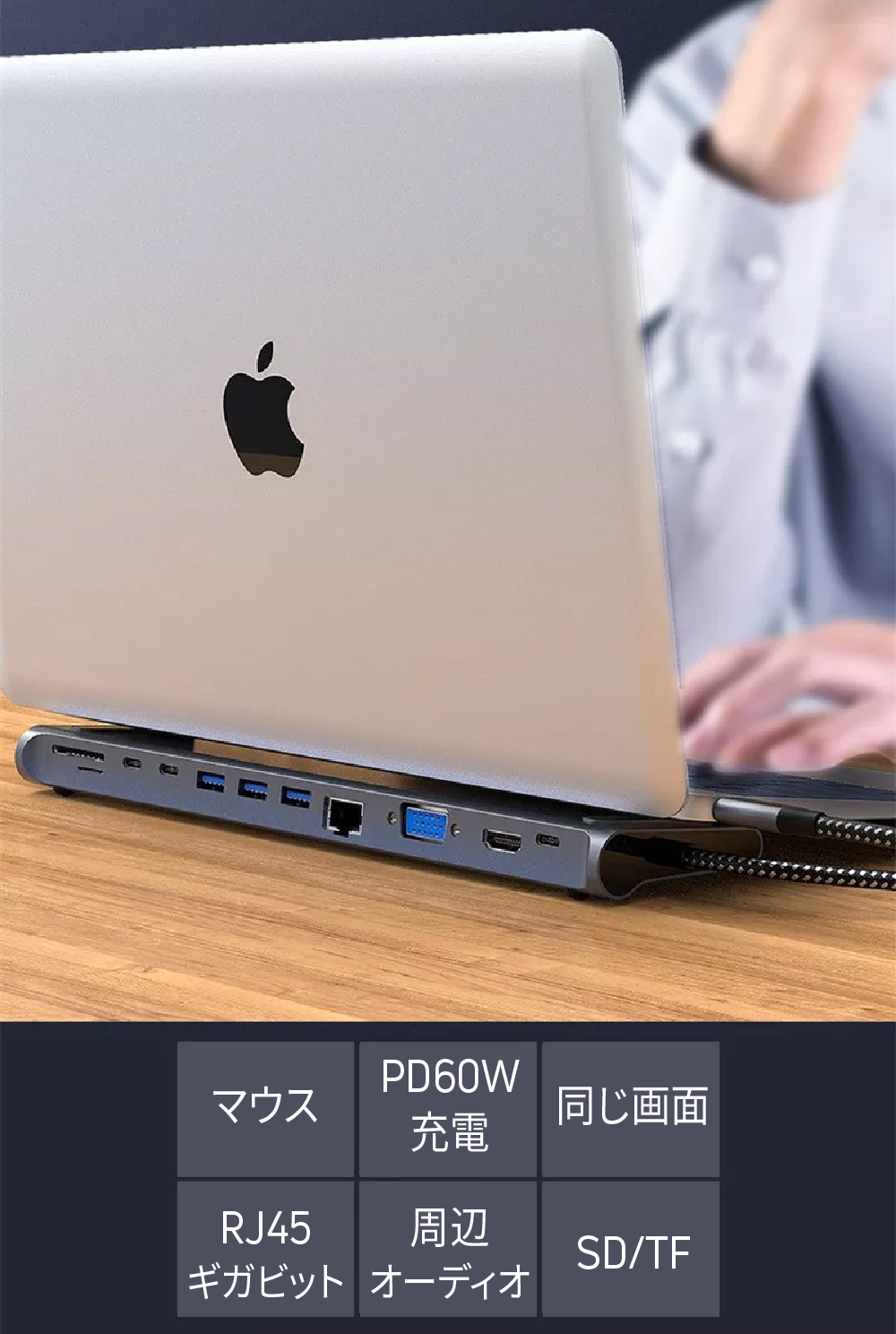 ノートPCの下にスッキリと収納しPCスタンドになる12ポート拡張ハブ