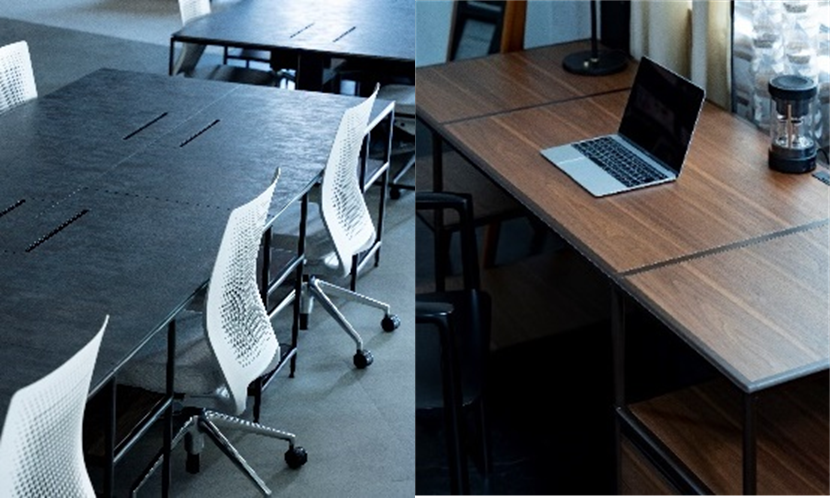 左／オーバーレイ天板デスク  右／通常の連結デスク