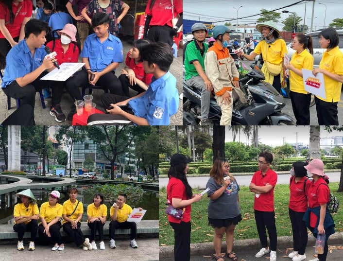 プロジェクトメンバーがベトナムの街中に出て、生活者の 悩みをヒアリングしている様子。