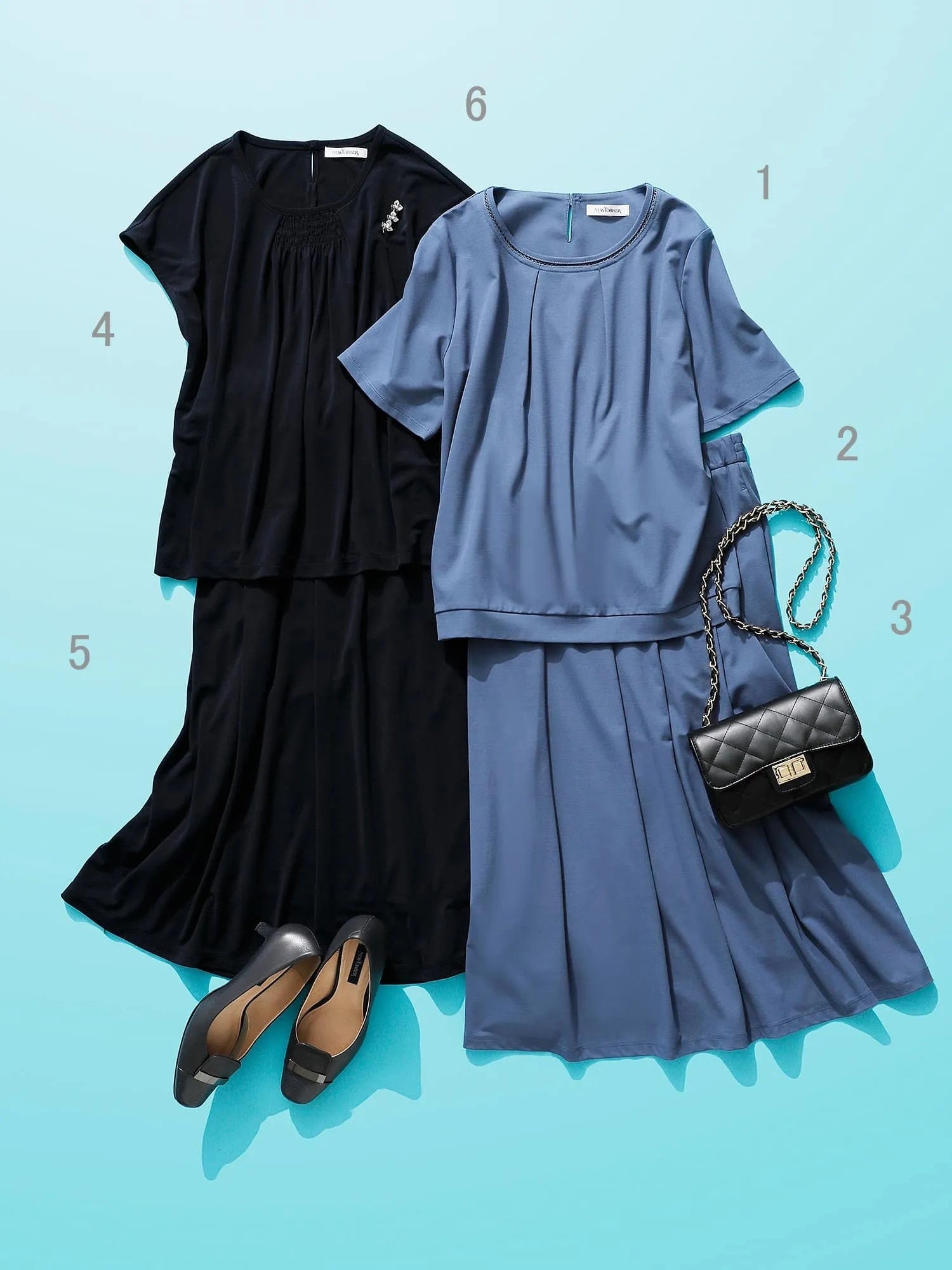 1.カットソー　税込 ￥15,400／2.スカート　税込 ￥20,900／4.カットソー　税込 ￥13,200／5.スカート　税込 ￥19,800