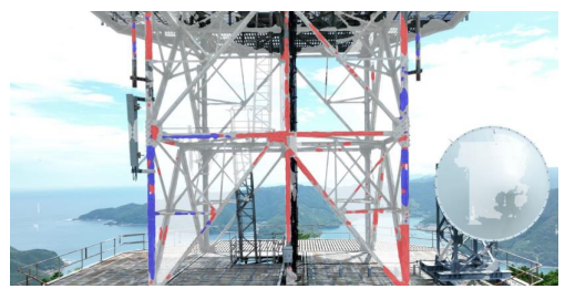 例）　鉄塔　（赤：透け、青：サビ　を検出）