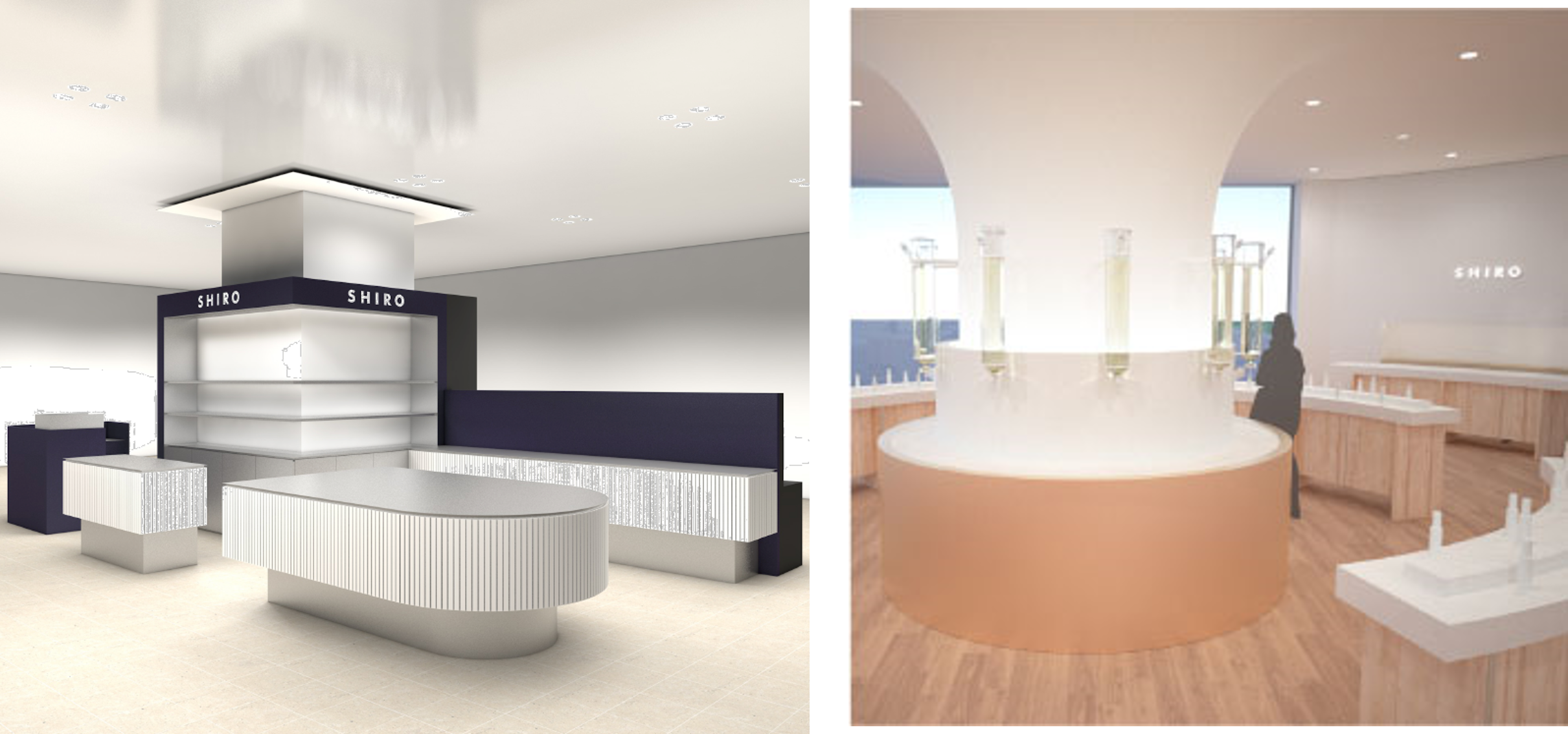 （左）新店舗「SHIRO ジェイアール名古屋タカシマヤ店」　（右）「みんなの工場」ショップ内 フレグランスバー（仮称）